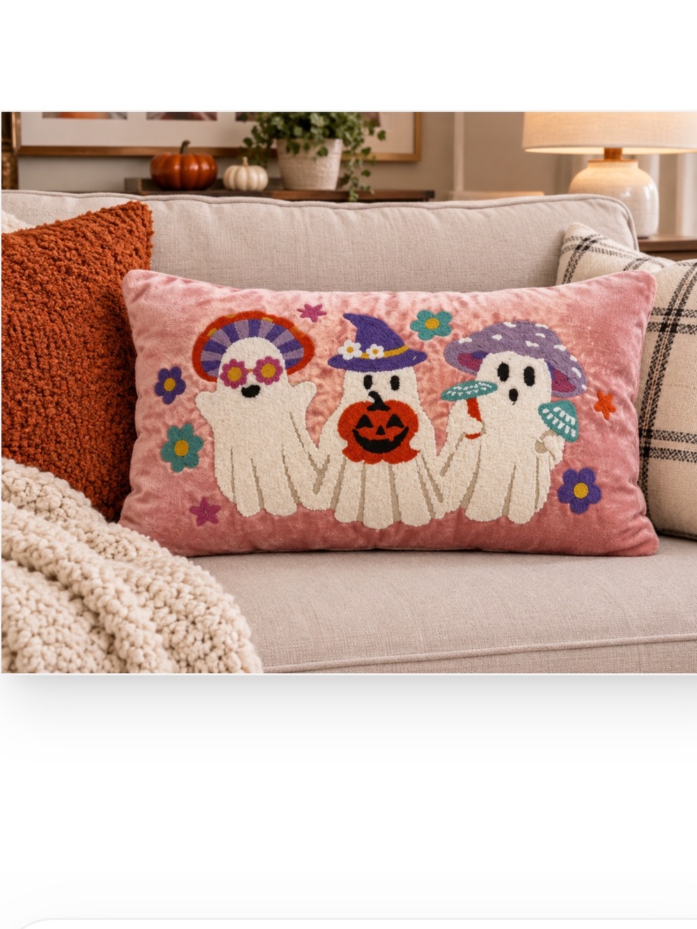 24" Pink Velvet Embroidered Ghosts Halloween Pillow